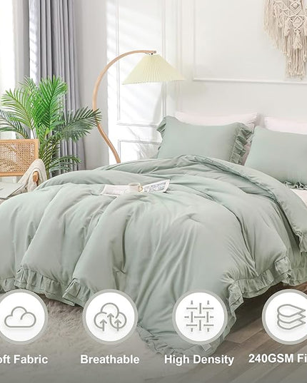 Sage Green Double Ruffle Comforter Set Twin Size (66x90 Inch), 2 Pcs Farmhouse Vintage Comforter Set (1 Ruffled Comforter and 1 Pillowcase), Rustic All Season Down Alternative Bedding Set - LeafyLoom