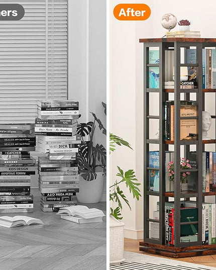 EasyCom Rotating Bookshelf with Metal Frame, 360 Display Wood Revolving Bookcase, 4-Tier Corner Bookshelf with Storage, Floor Standing Spinning Bookshelf for Living Room, Office, Brown - LeafyLoom