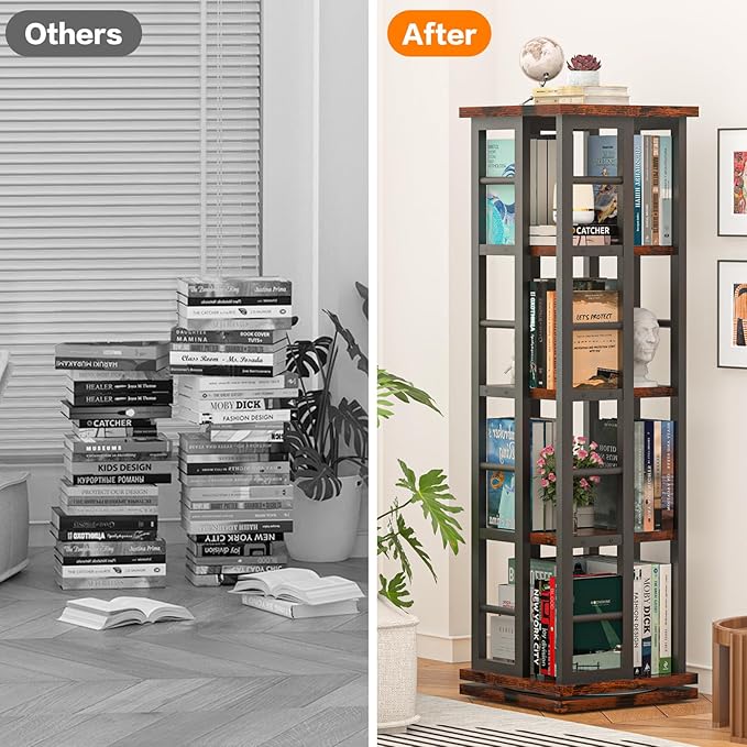 EasyCom Rotating Bookshelf with Metal Frame, 360 Display Wood Revolving Bookcase, 4-Tier Corner Bookshelf with Storage, Floor Standing Spinning Bookshelf for Living Room, Office, Brown - LeafyLoom