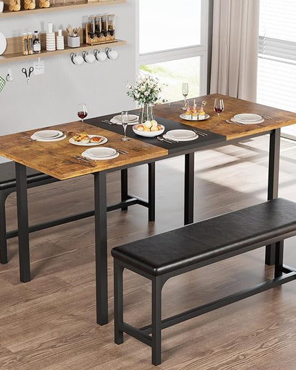VECELO 3-Piece 63" Extendable Kitchen Table with Benches/Chairs Modern Breakfast Dinette/Dining Room Set for 4/6/2, Small Space Saving Design, Easy Assembly, Retro - LeafyLoom