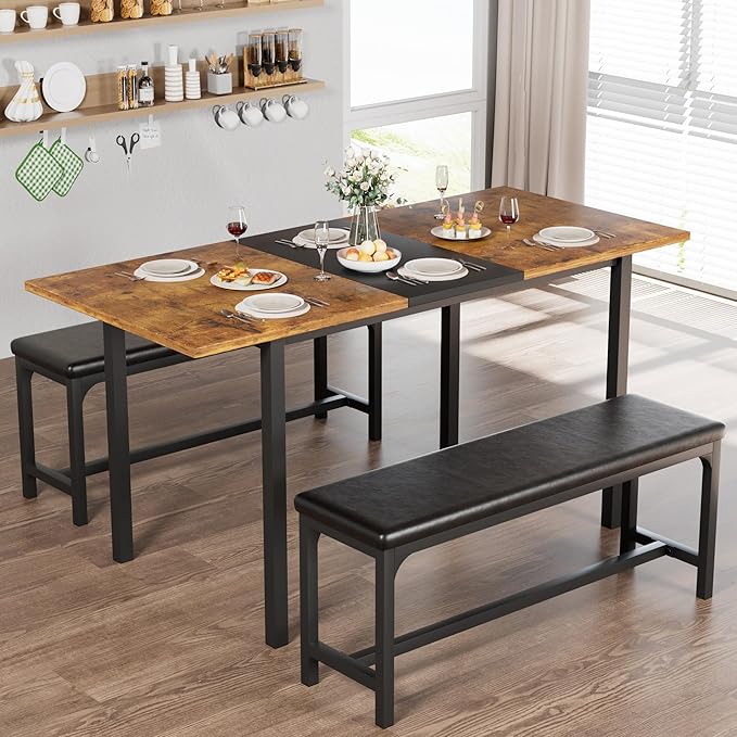VECELO 3-Piece 63" Extendable Kitchen Table with Benches/Chairs Modern Breakfast Dinette/Dining Room Set for 4/6/2, Small Space Saving Design, Easy Assembly, Retro - LeafyLoom
