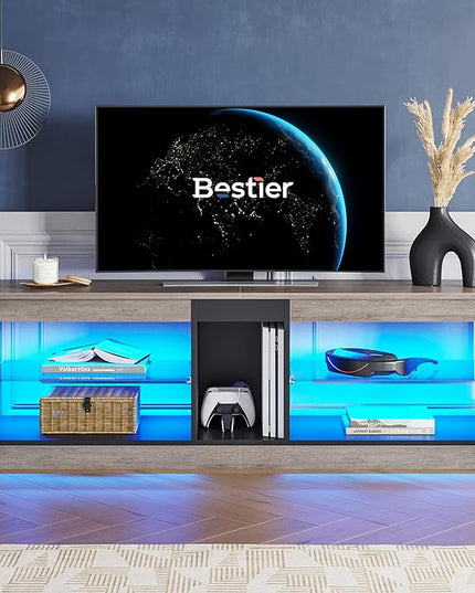 Bestier Entertainment Center LED Gaming TV Stand for 55+ Inch TV Adjustable Glass Shelves 22 Dynamic RGB Modes TV Cabinet Game Console PS4, Wash Gray - LeafyLoom