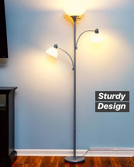 Brightech Sky Dome Double LED Floor lamp, Torchiere Super Bright Floor Lamp with 2 Reading Lamps for Living Rooms & Offices - Dimmable Tall Standing Lamp for Bedroom Reading - Tall Silver Pole - LeafyLoom