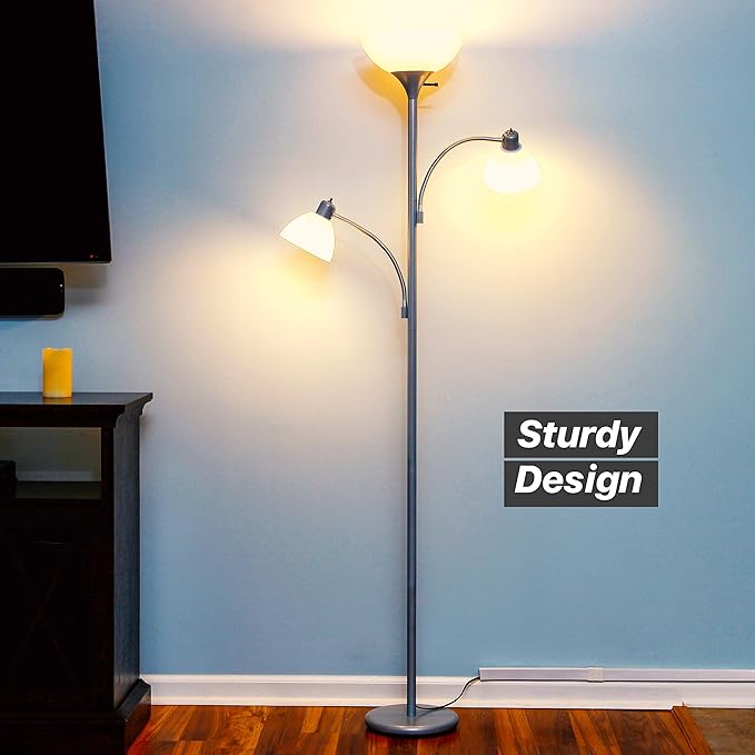 Brightech Sky Dome Double LED Floor lamp, Torchiere Super Bright Floor Lamp with 2 Reading Lamps for Living Rooms & Offices - Dimmable Tall Standing Lamp for Bedroom Reading - Tall Silver Pole - LeafyLoom
