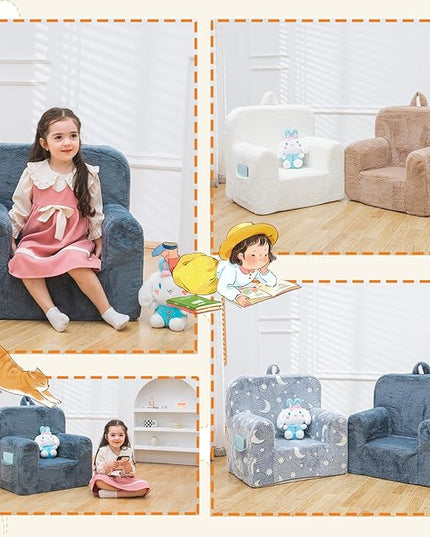 Snuggly-Soft Cuddly Toddler Plush Armchair for Boys and Girls Fuzzy Plush Kids Sofa Couch Reading Chair with Children Friendly Handle for Easy Movement & Double Pockets for Storage, Dark Grey - LeafyLoom