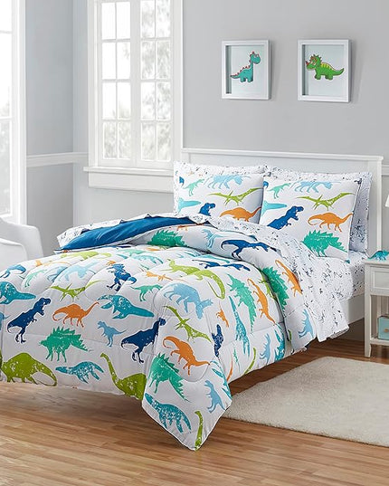 Kids Bedding Set Bed in a Bag for Boys and Girls Toddlers Printed Sheet Set and Comforter , Full, Dinosaur - LeafyLoom