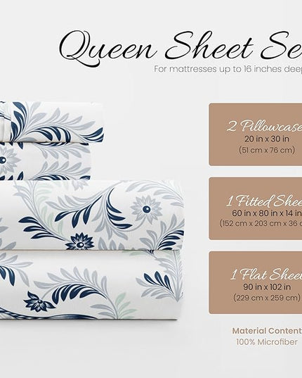 Linen Market 4 Piece Queen Bedding Sheet Set (Navy Blue Floral) - Sleep Better Than Ever with These Ultra-Soft & Cooling Bed Sheets for Your Queen Size Bed - Deep Pocket Fits 16" Mattress - LeafyLoom