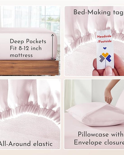 California Design Den Soft Twin Size Bed Sheets Cotton, 3 Piece Twin Sheet Set with Sateen Weave, Cooling Sheets - Pink - LeafyLoom