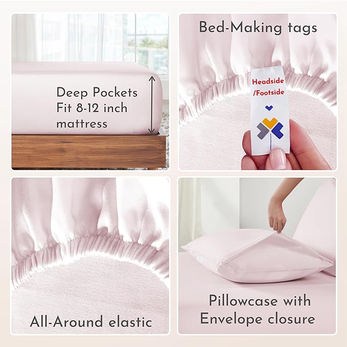 California Design Den Soft Twin Size Bed Sheets Cotton, 3 Piece Twin Sheet Set with Sateen Weave, Cooling Sheets - Pink - LeafyLoom