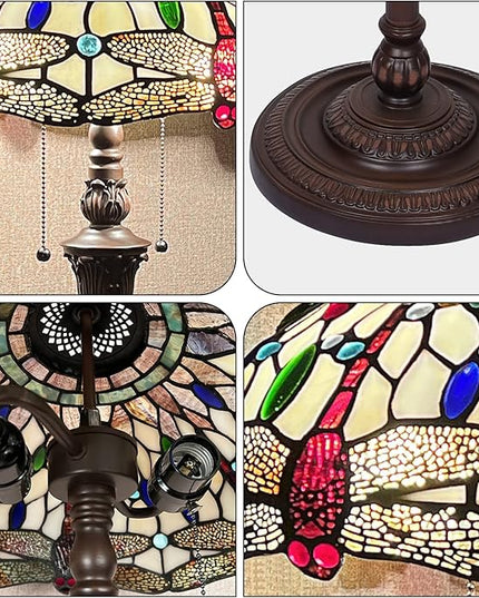 Capulina Tiffany Floor Lamp Cream Dragonfly Antique Style Stained Glass Standing Reading Floor Light 16X16X63 Inches Decor for Living Room Bedroom Home Office - LeafyLoom