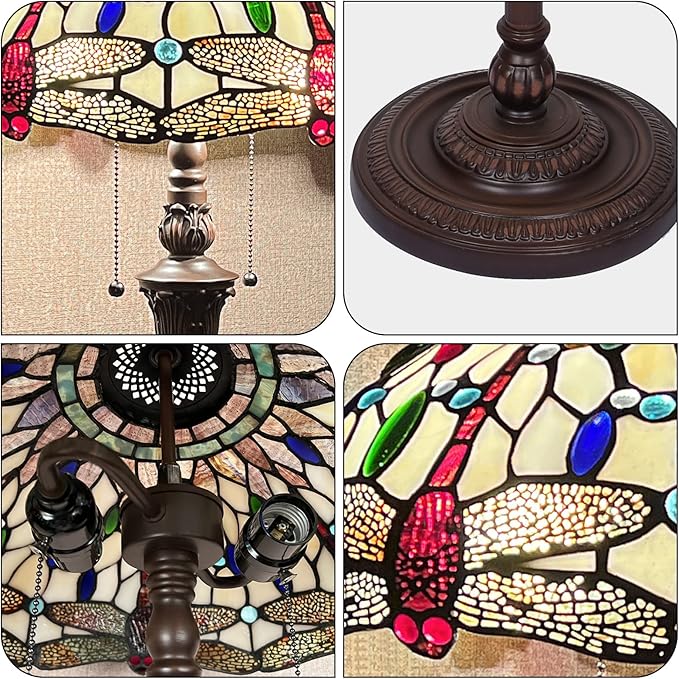 Capulina Tiffany Floor Lamp Cream Dragonfly Antique Style Stained Glass Standing Reading Floor Light 16X16X63 Inches Decor for Living Room Bedroom Home Office - LeafyLoom