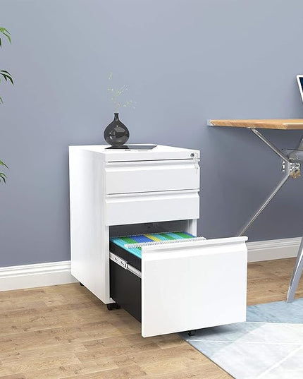 YITAHOME 3-Drawer Mobile File Cabinet with Lock, Office Storage Filing Cabinet for Legal/Letter Size, Pre-Assembled Metal File Cabinet Except Wheels Under Desk -White - LeafyLoom