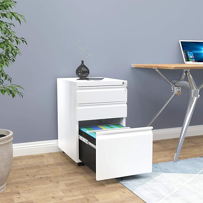 YITAHOME 3-Drawer Mobile File Cabinet with Lock, Office Storage Filing Cabinet for Legal/Letter Size, Pre-Assembled Metal File Cabinet Except Wheels Under Desk -White - LeafyLoom