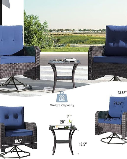 Kullavik 11PCS Outdoor Patio Furniture Set,PE Wicker Rattan Sectional Sofa Patio Conversation Sets with 43" 55000BTU Gas Propane Fire Pit Table,Swivel Rocking Chairs Set,Navy Blue - LeafyLoom