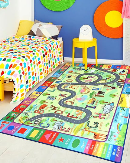 Terrug Kids Rugs for Playroom, Educational Classroom Rug for Kids Room, Washable Nursery Rug Carpet Non Slip Playroom Rug Play Mat for Learning ABC Rug, Numbers, Animal, Colors, Season, 4X6 Feet - LeafyLoom