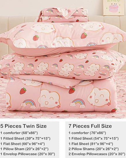 Mooreeke Bed in a Bag for Kids Girls Teens, 5 Pieces Twin Size Comforter Bed Set with Shams, Sheet Set, Rainbow Cloud Strawberry Pink Super Soft Microfiber Kids Comforter Bedding Set - LeafyLoom