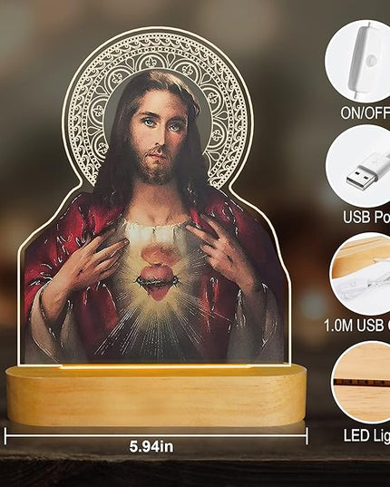 Catholic Gifts for Women, Sacred Heart of Jesus Picture Religious Gifts with Warm Yellow Light for Home Decor, Christian Inspirations Godly Blessed Birthday Gifts for Mother Grandma Men Lady - LeafyLoom