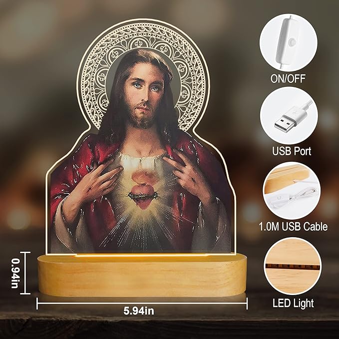 Catholic Gifts for Women, Sacred Heart of Jesus Picture Religious Gifts with Warm Yellow Light for Home Decor, Christian Inspirations Godly Blessed Birthday Gifts for Mother Grandma Men Lady - LeafyLoom