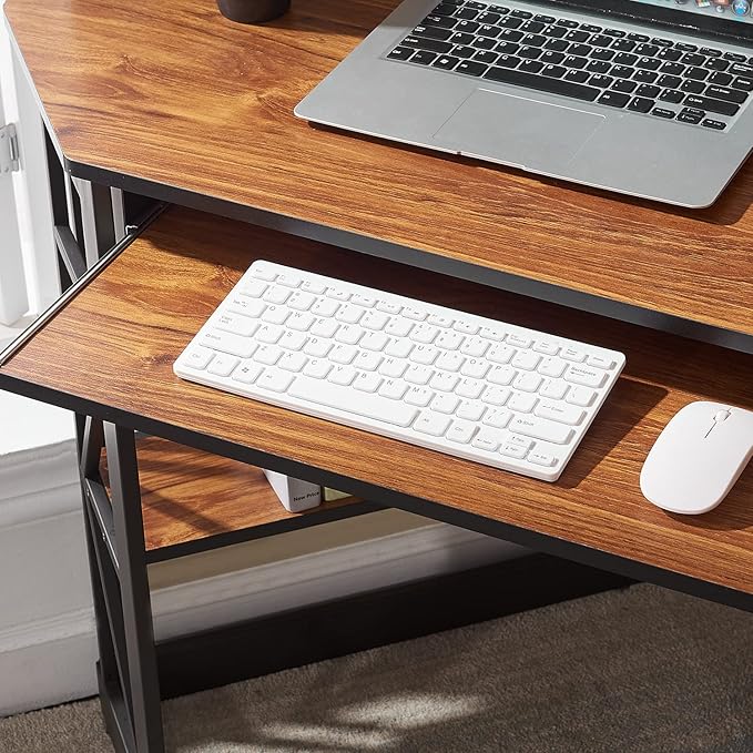 VECELO Corner Computer Desk 41 x 30 inches with Smooth Keyboard & Storage Shelves for Home Office Workstation, Teak - LeafyLoom