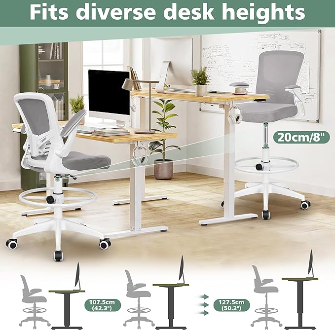MINLOVE Drafting Office Chair, Ergonomic Tall Office Chair with Flip-up Armrests Executive Ergonomic Computer Standing Desk Chair with Lumbar Support and Adjustable Footrest(Gray) - LeafyLoom