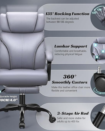 Office Chair, Executive Leather Chair Big and Tall Ergonomic Computer Desk Chair, Comfy Swivel Rolling Reclining Lumbar Support Task Chair with Adjustable High Back Foot Rest for Home Gaming - LeafyLoom