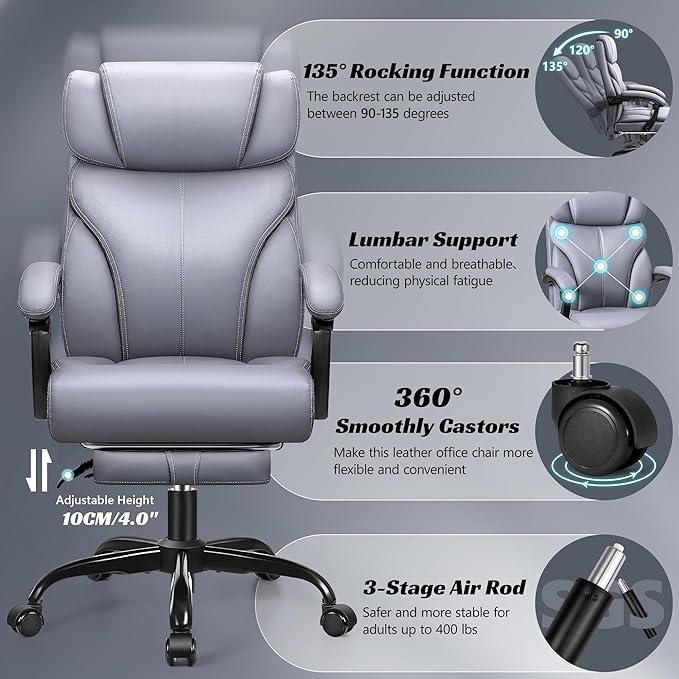 Office Chair, Executive Leather Chair Big and Tall Ergonomic Computer Desk Chair, Comfy Swivel Rolling Reclining Lumbar Support Task Chair with Adjustable High Back Foot Rest for Home Gaming - LeafyLoom