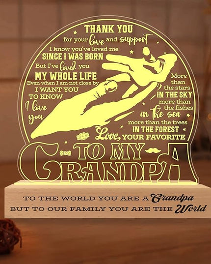 to My Grandpa Lamp, Grandpa Acrylic Night Light, Fathers Day Birthday Gifts for Grandpa Grandfather, 3D Illusion Lamp w/Wooden Base USB Powered Gifts for Men Dad Daddy Grandpa, Bedroom Décor - LeafyLoom