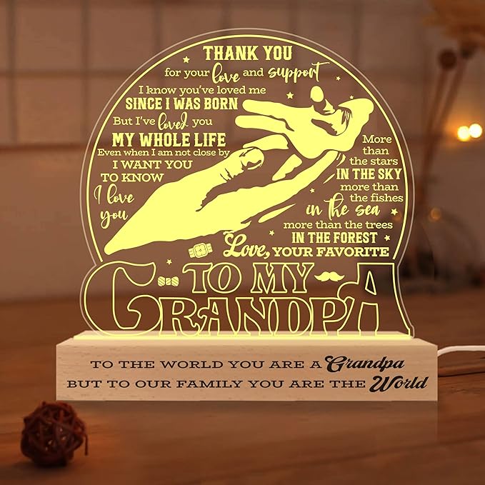 to My Grandpa Lamp, Grandpa Acrylic Night Light, Fathers Day Birthday Gifts for Grandpa Grandfather, 3D Illusion Lamp w/Wooden Base USB Powered Gifts for Men Dad Daddy Grandpa, Bedroom Décor - LeafyLoom