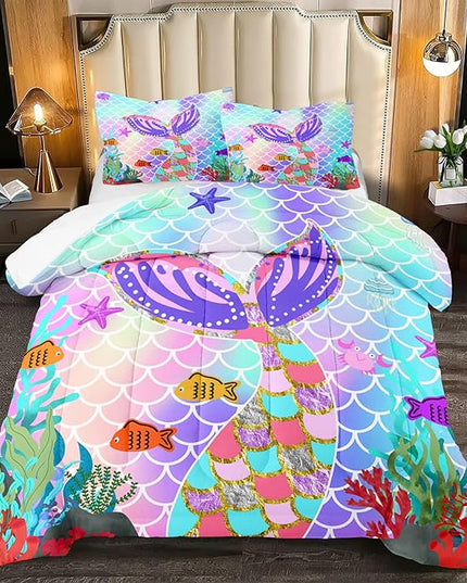 Mermaid Tail Comforter Set Queen Size, 3Pcs Rainbow Mermaid Fish Scales Bedding Set, Microfiber Kids Bedding Glitter Mermaid Tail Pattern Decor for Girls Bedroom1 Comforter 2 Pillowcase - LeafyLoom