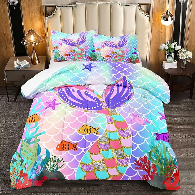 Mermaid Full Size Bedding Set for Girls, Rainbow Mermaid Tail Fish Scales Comforter Set Full Size Bed in a Bag, Cute Mermaid Tail Pattern Decor for Girls Bedroom, 1 Comforter 2 Pillowcase - LeafyLoom