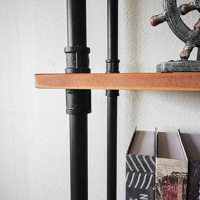 Industrial Bookshelves, Wood Pipe Bookshelf, 5 Shelf Rustic Display Storage Tall Standing Shelf Bookcase for Living Room, Kitchen, Office (Weathered Brown, 29.5" L x 11.8" W x 70" H) - LeafyLoom