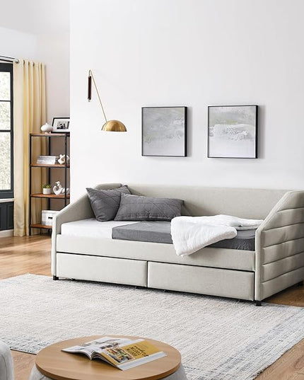 RITSU Twin Size Daybed with Two Storage Drawers, Upholstered Tufted Sofa Bed on Casters, Linen Fabric, No Box Spring Required, Suitable for Bedrooms, Apartments, 82.50, Beige-1 - LeafyLoom
