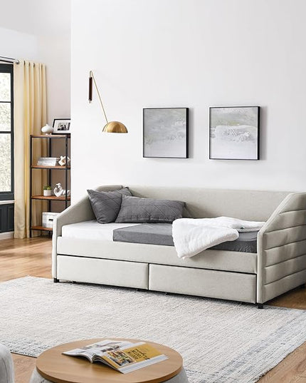 Linen Upholstered Twin Size Daybed with Two Storage Trundle Drawers, Solid Wooden Sofa Bed Frame w/Tufted Decorate, No Box Spring Needed, Space-Saving Design - LeafyLoom