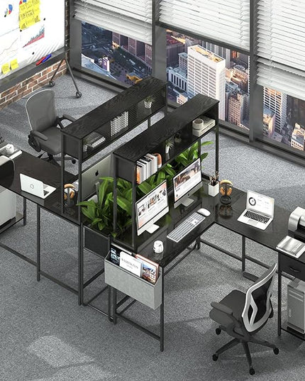 Yoobure L Shaped Desk Gaming Desk with LED Strip & Power Outlet, Reversible L-Shaped Computer Desk with Storage Shelf & Drawer, Corner Desk with Storage Bag, 2 Person Home Office Desk, Black - LeafyLoom