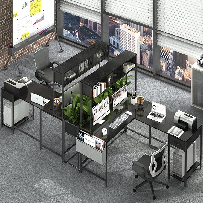 Yoobure L Shaped Desk Gaming Desk with LED Strip & Power Outlet, Reversible L-Shaped Computer Desk with Storage Shelf & Drawer, Corner Desk with Storage Bag, 2 Person Home Office Desk, Black - LeafyLoom