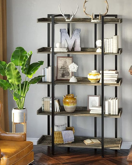 Rolanstar Book Shelf 5-Tier, 71.8’’H Tall Bookshelf for Home Office, Open Wood Display Shelves, Large Standing Bookcase with Metal for Living Room, Industrial Corner Bookshelf Grey - LeafyLoom