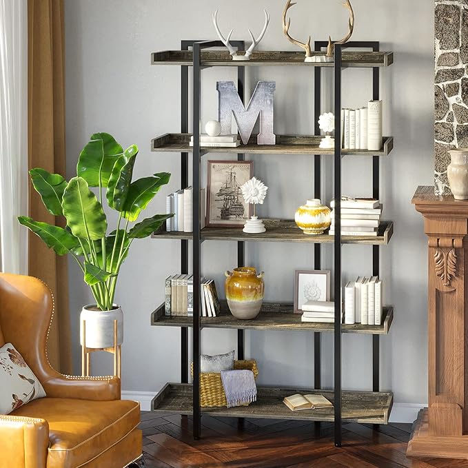 Rolanstar Book Shelf 5-Tier, 71.8’’H Tall Bookshelf for Home Office, Open Wood Display Shelves, Large Standing Bookcase with Metal for Living Room, Industrial Corner Bookshelf Grey - LeafyLoom
