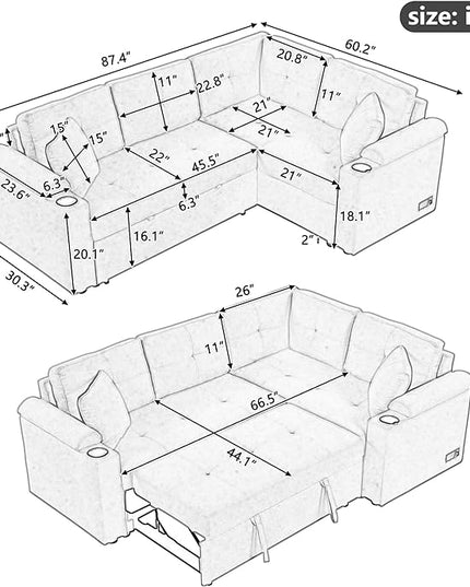 Boucle Upholstered Reversible Sleeper Sectional Sofa with Pull Out Bed , 3 Seater L Shaped Convertible Corner Couch with Cupholders&USB Ports, Power Sockets, Small Pullout Sofabed for Living Room - LeafyLoom