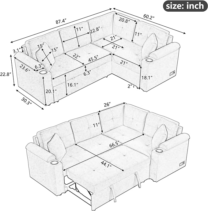 Boucle Upholstered Reversible Sleeper Sectional Sofa with Pull Out Bed , 3 Seater L Shaped Convertible Corner Couch with Cupholders&USB Ports, Power Sockets, Small Pullout Sofabed for Living Room - LeafyLoom