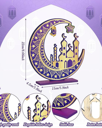 2 Pcs Ramadan Eid Mubarak Crafts Night Light 3D Wooden Moon Star Lights Ramadan Decorations LED Eid Mubarak Lamp Decor Ramadan Table Sign for Tabletop Home Party Supplies(Purple and Gold) - LeafyLoom