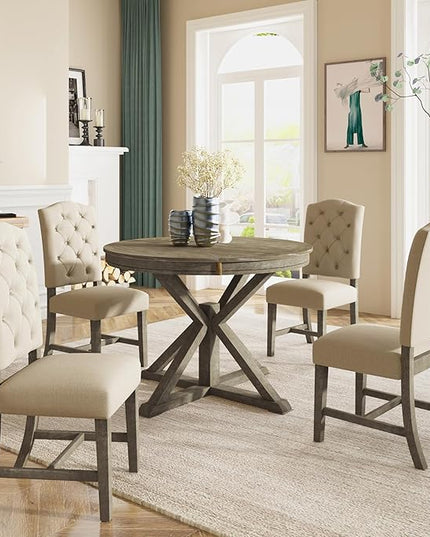 RITSU 5-Piece Retro Style Dinette Sets with Round Extendable Kitchen Dining Table, 4 Upholstered Chairs, for Diningroom Living Room, Easy to Assemble, Natural Wood Wash 2 - LeafyLoom