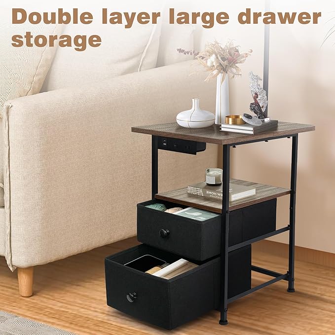 PESRAE Floor Lamp with Table & 2 Drawers, End Table with 3 Color Temperature Reading Light, Side Table Lamp with USB & Type C & AC Charging Port for Living Room, Home Office - LeafyLoom