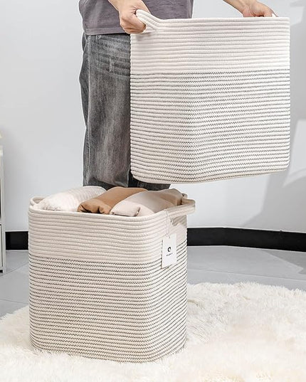 Hampers for Bins Large Blanket Basket,Storage Basket Rectangle Woven Baskets for Storage, Nursery Cotton Rope Basket Living Room, Toy Basket For Organizing, With Handle Dirty Clothes Basket - LeafyLoom