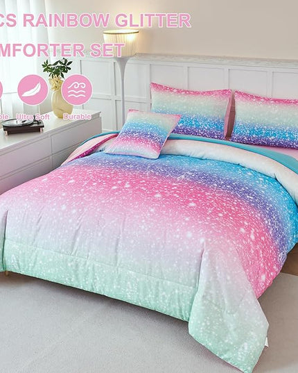 PERFEMET Rainbow Queen Comforter Set with Sheets, 6 Pieces Blue Green Bedding Sets for Girls, Tie Dye Ombre Bed Set for Bedroom Decoration, Lightweight All Season Bed in A Bag - LeafyLoom