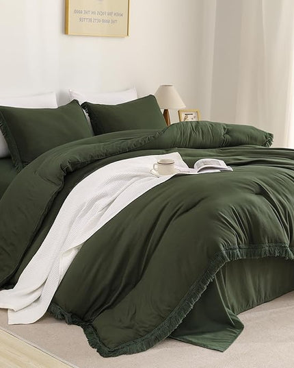 Litanika Queen Size Comforter Set Olive Green, 3 Pieces Dark Green Boho Tassel Bed Comforter, All Season Oversized Bedding Comforter Sets (1 Comforter 90x90 inch, 2 Pillowcases) - LeafyLoom