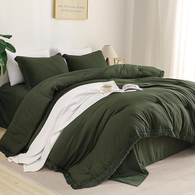 Litanika Queen Size Comforter Set Olive Green, 3 Pieces Dark Green Boho Tassel Bed Comforter, All Season Oversized Bedding Comforter Sets (1 Comforter 90x90 inch, 2 Pillowcases) - LeafyLoom