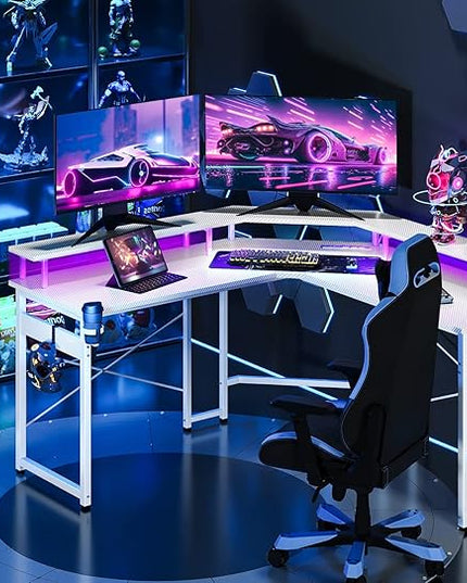 ODK L Shaped Gaming Desk with LED Lights & Power Outlets, 51" Computer Desk with Full Monitor Stand, Corner Desk with Cup Holder, Gaming Table with Hooks, White Carbon Fiber - LeafyLoom