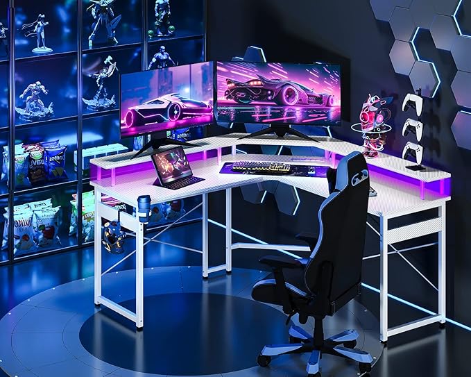 ODK L Shaped Gaming Desk with LED Lights & Power Outlets, 51" Computer Desk with Full Monitor Stand, Corner Desk with Cup Holder, Gaming Table with Hooks, White Carbon Fiber - LeafyLoom
