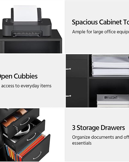 Yaheetech Black File Cabinet with Lock for Letter, A4 Size,3 Drawer Lateral Filing Cabinet Printer Stand with Open Storage Compartments,Mobile Filing Cabinet for Home Office, Black - LeafyLoom