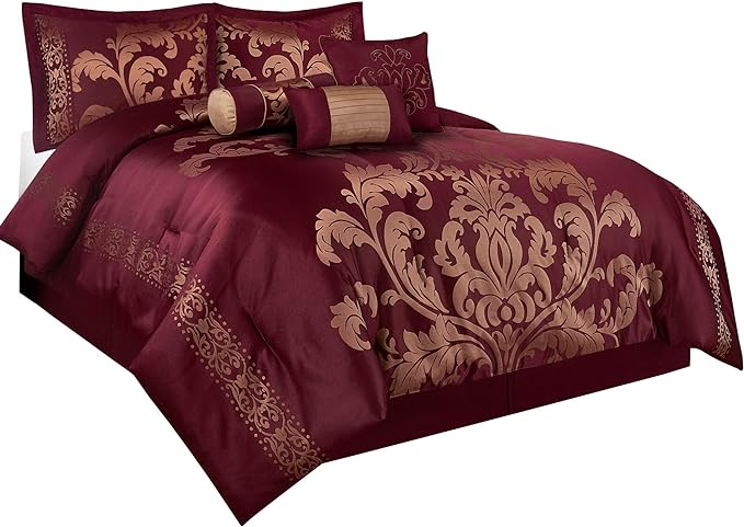 Chezmoi Collection 7-Piece Jacquard Floral Comforter Set (Queen, Maroon) - LeafyLoom